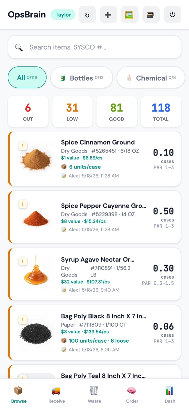OpsBrain demo store Browse grid: item photo cards for spices, agave syrup, and poly bags with case counts, PAR levels, values, and low-stock flags.