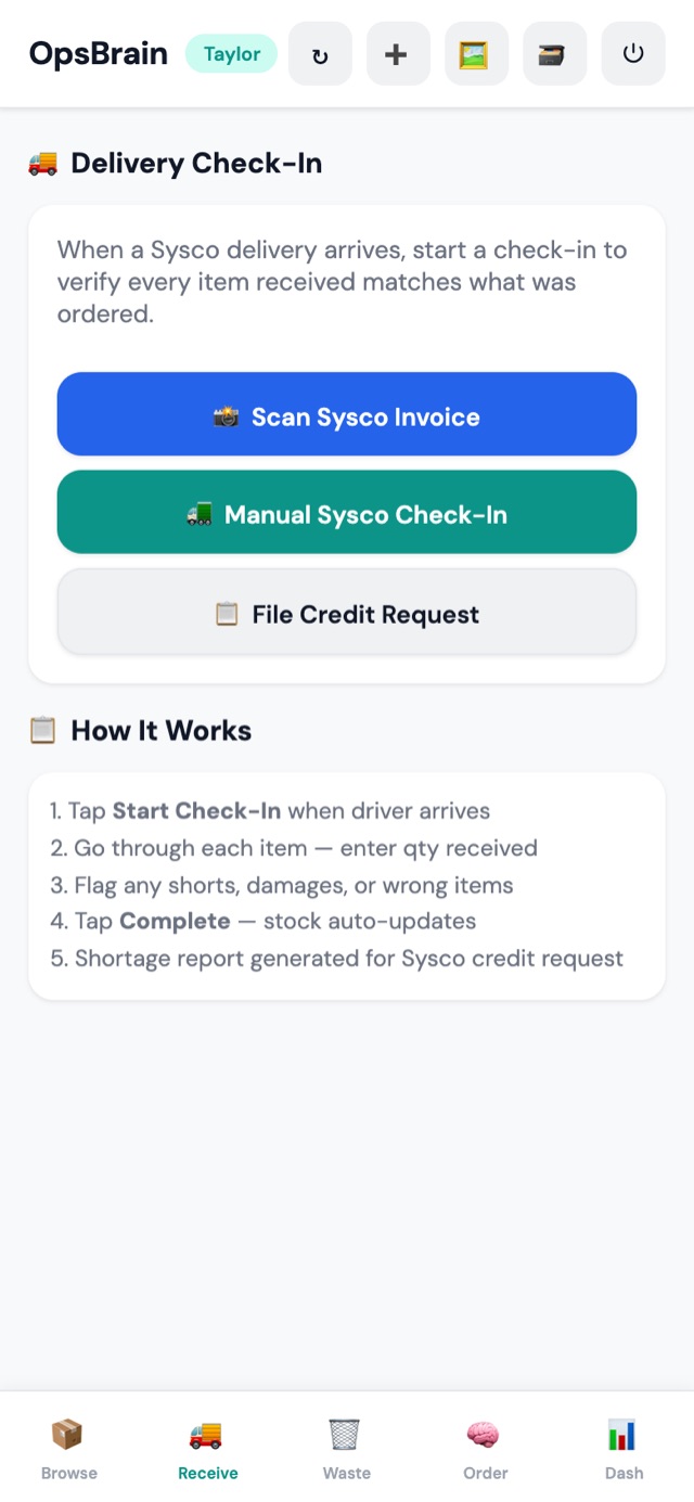 OpsBrain Inventory Delivery Check-In: Scan Sysco Invoice, Manual Sysco Check-In, and File Credit Request actions.