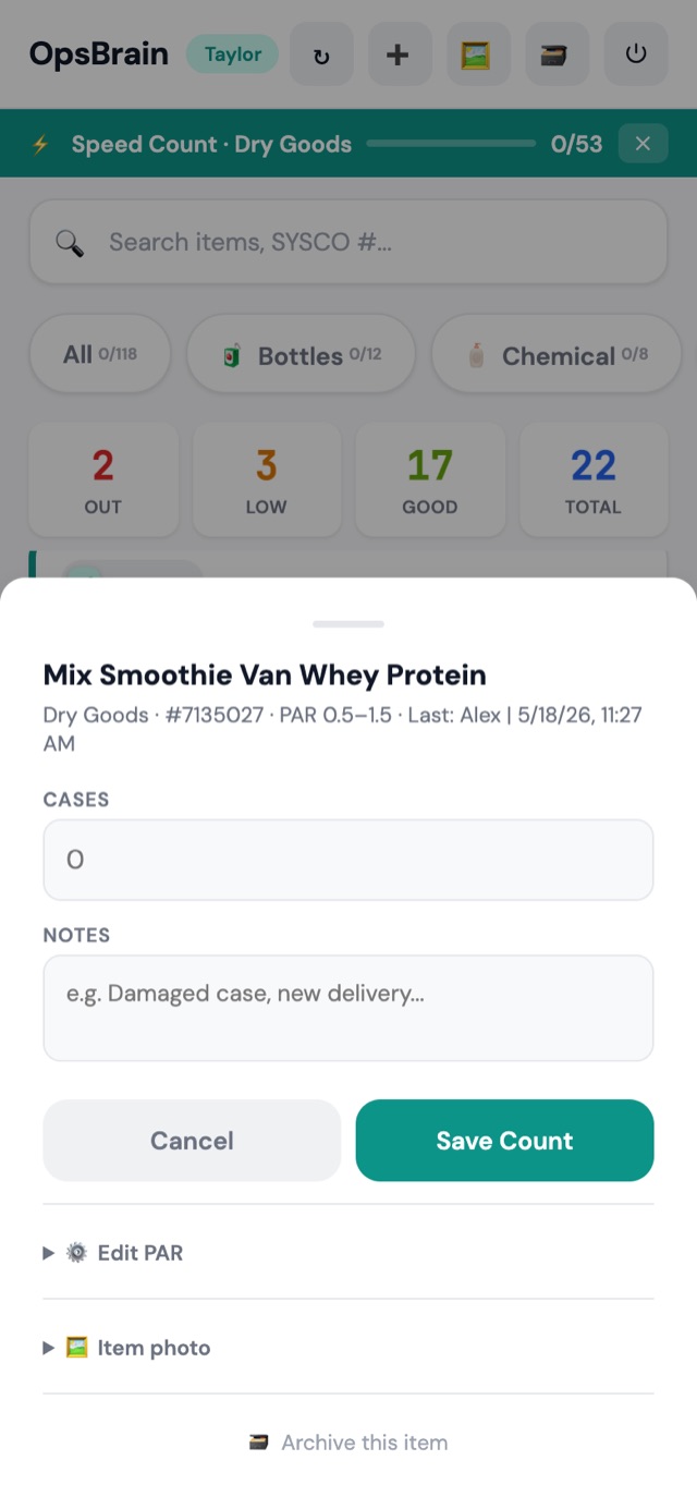 OpsBrain demo store Speed Count: counting Dry Goods 0 of 53 with the count sheet open on a smoothie protein mix.