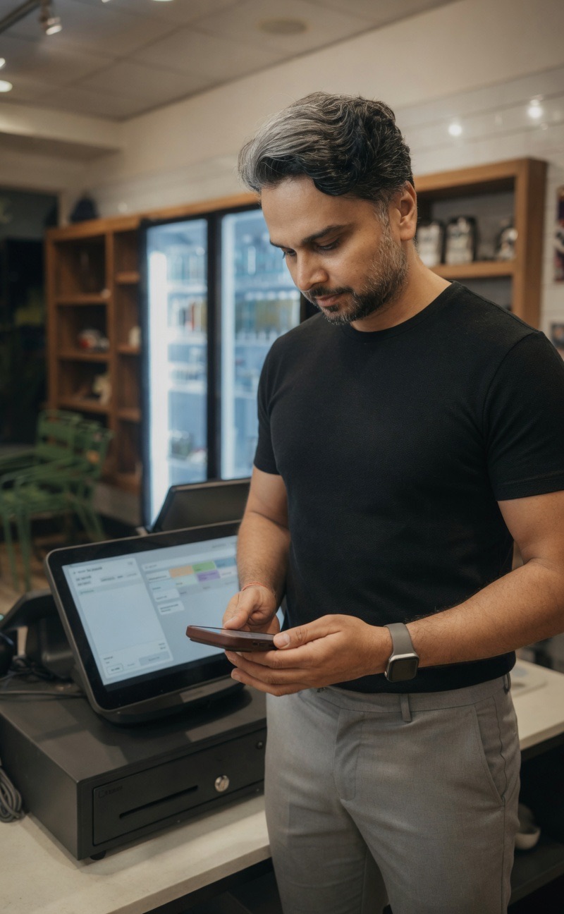 Avissh, founder of OpsBrain, using the app at the front-of-house POS station of his juice bar franchise in Napa, CA.